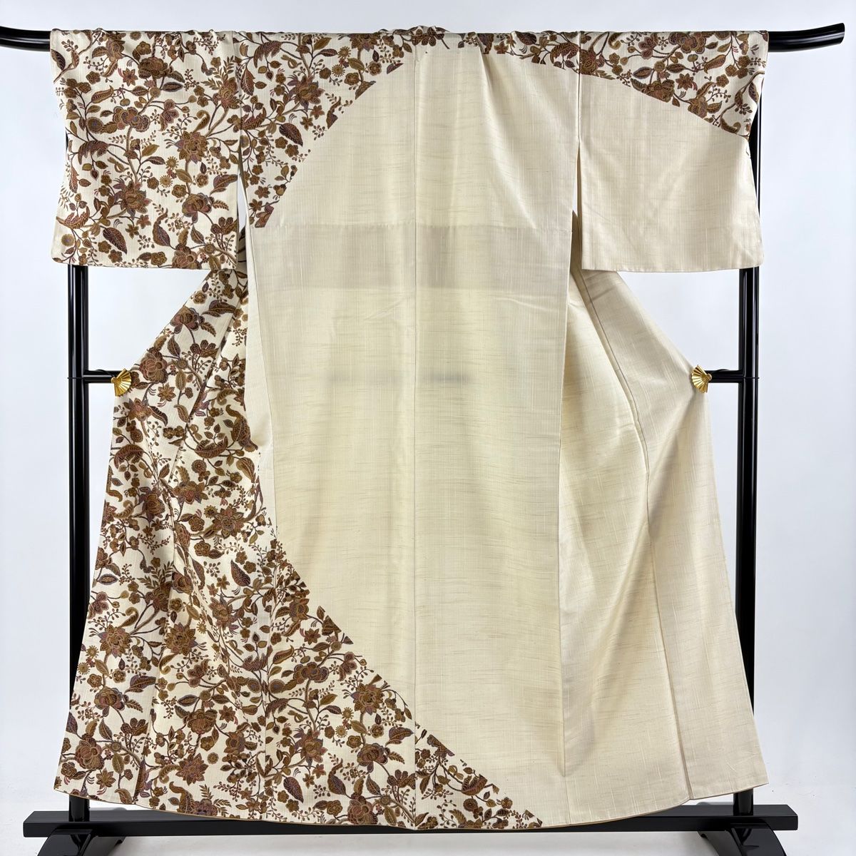 訪問着 身丈167cm 裄丈70cm L 袷 御所車 草花 金彩 灰緑 正絹 美品  