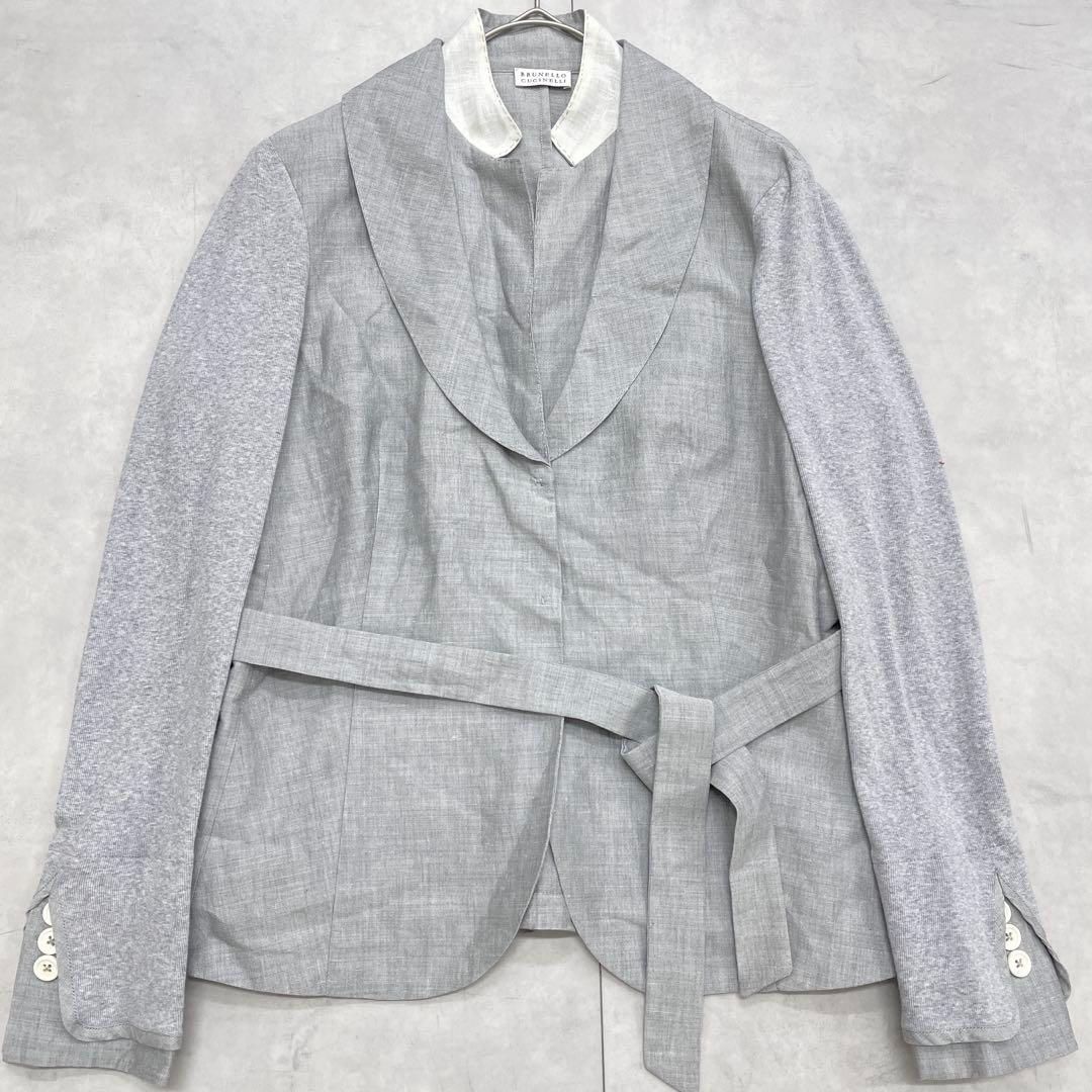 BRUNELLO CUCINELLI ブルネロクチネリ レイヤードジャケット ベルト 異素材 リネン コットン グレー レディース 44