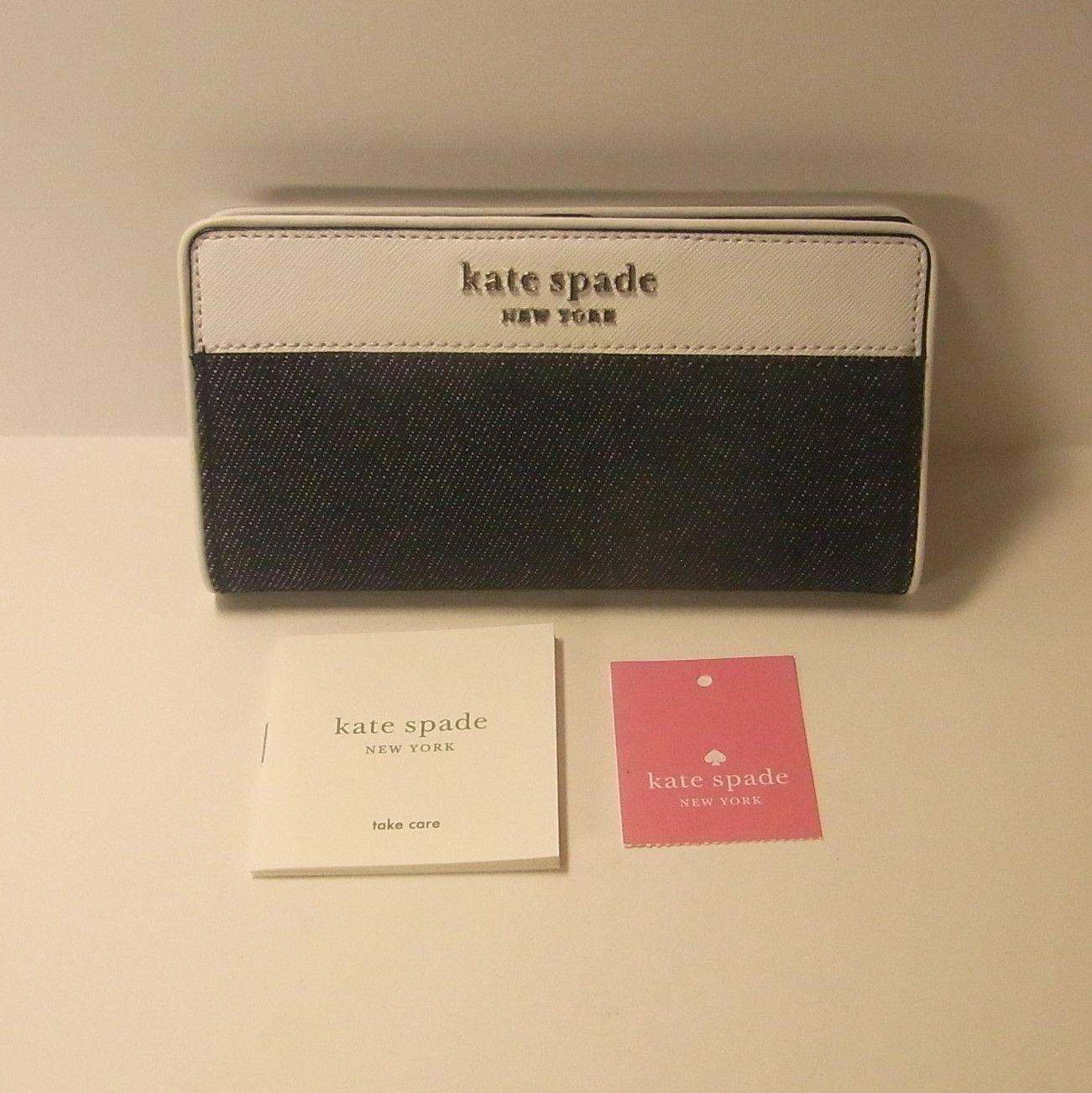 美品 Kate spade ケイトスペード 長財布 デニム×レザー ネイビー×白