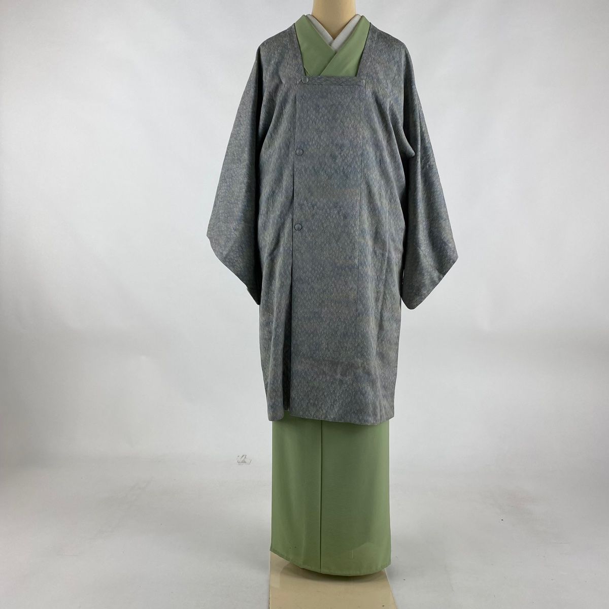 道行 身丈100cm 裄丈64cm M 和装コート 角衿 樹木 灰緑 正絹 美品 名品  