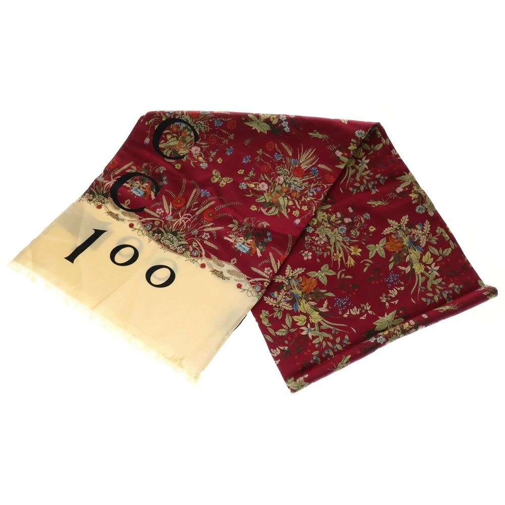 GUCCI グッチ 100周年記念 フラワー総柄 シルク ストール ボルドー 692228