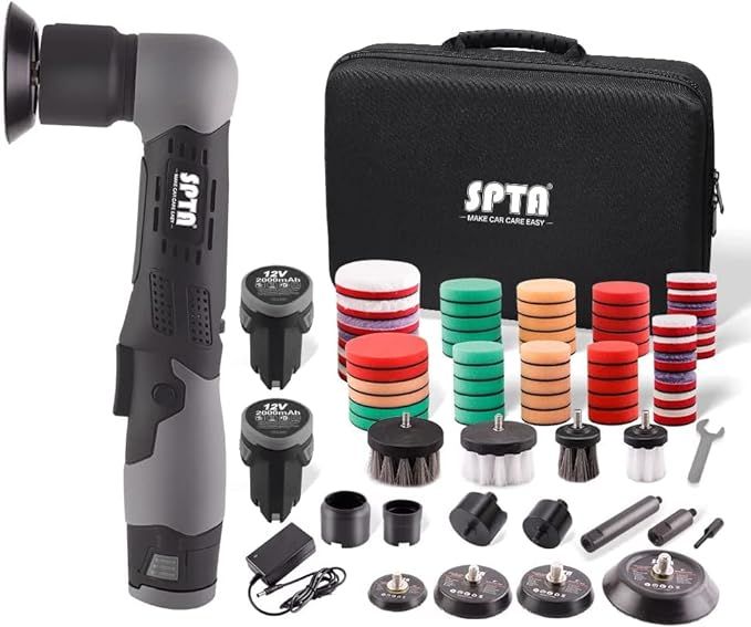 SPTA ミニ12ｖ充電式ポリッシャー　コードレスポリッシャー 7段変速自動車研磨 車磨き 家庭掃除磨き用 艶出し 傷消し LEDライト表示 仕上げバフ・２つのバッテリー・充電器・収納バック付き 