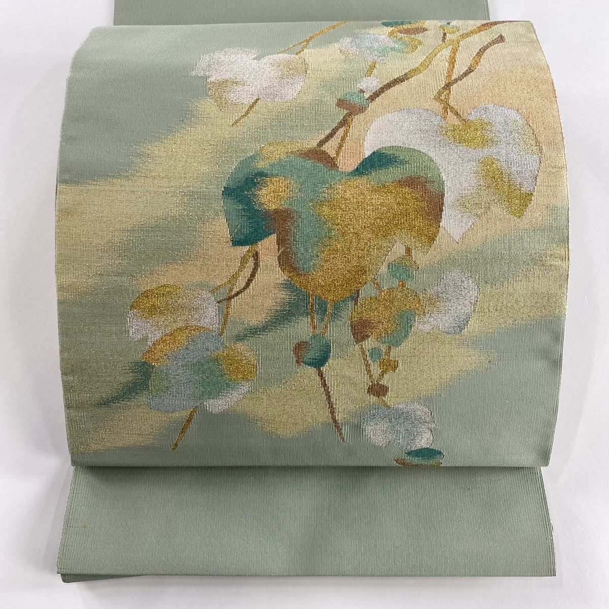 名古屋帯 秀品 松葉仕立て 八寸名古屋帯 鈴乃屋 蔦 霞 金銀糸 灰緑 正絹