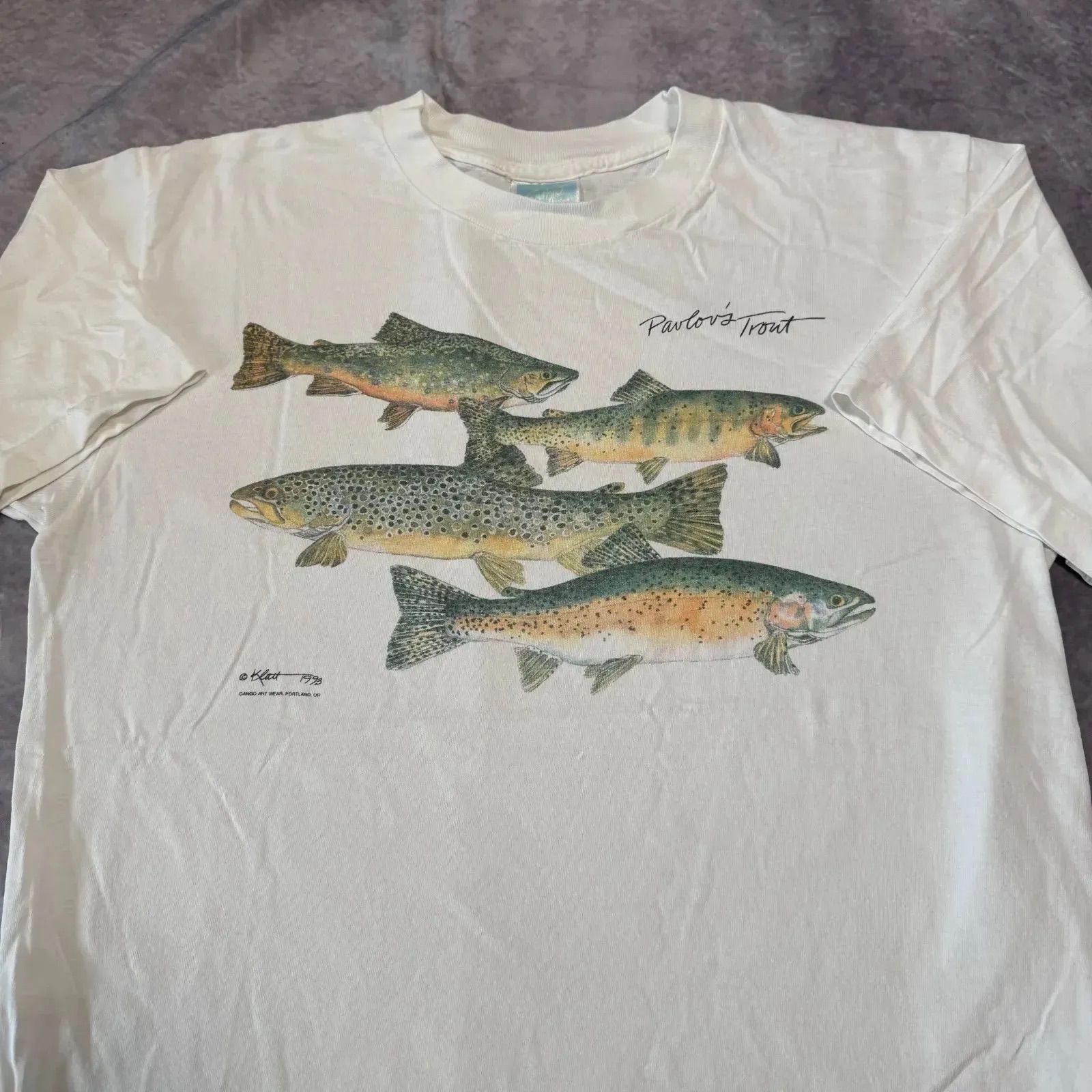 90s レインボートラウト フィッシング サーモンアートTシャツ