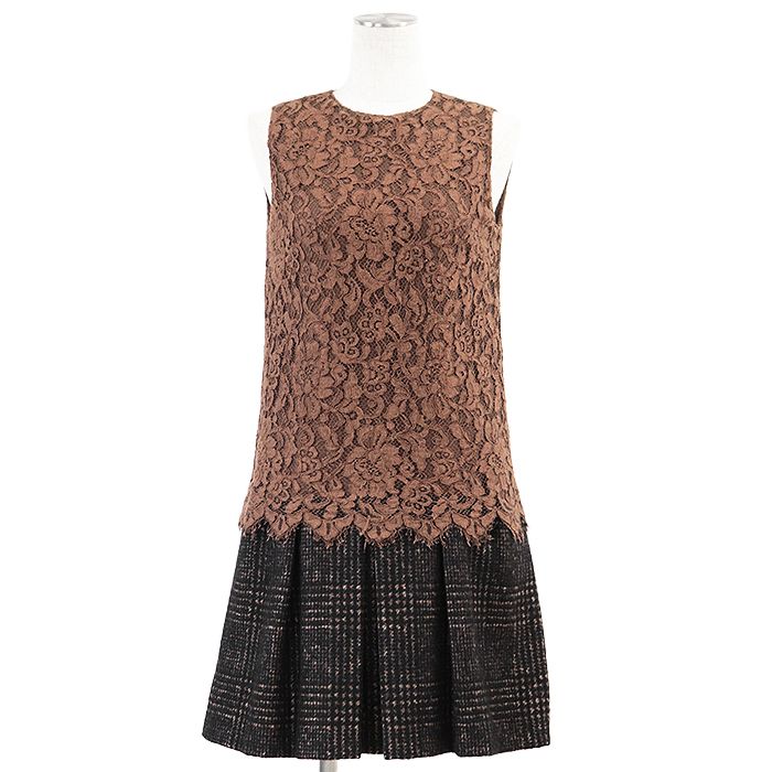 DOLCE-GABBANA ドルチェアンドガッバーナ ワンピース ノースリーブ 花柄 レース ウールメルトン フローラル × グレンチェック ドッキング ボックスプリーツ ドレス レディース サイズ 38 ブラウン ブラック 茶 黒 イタリア製