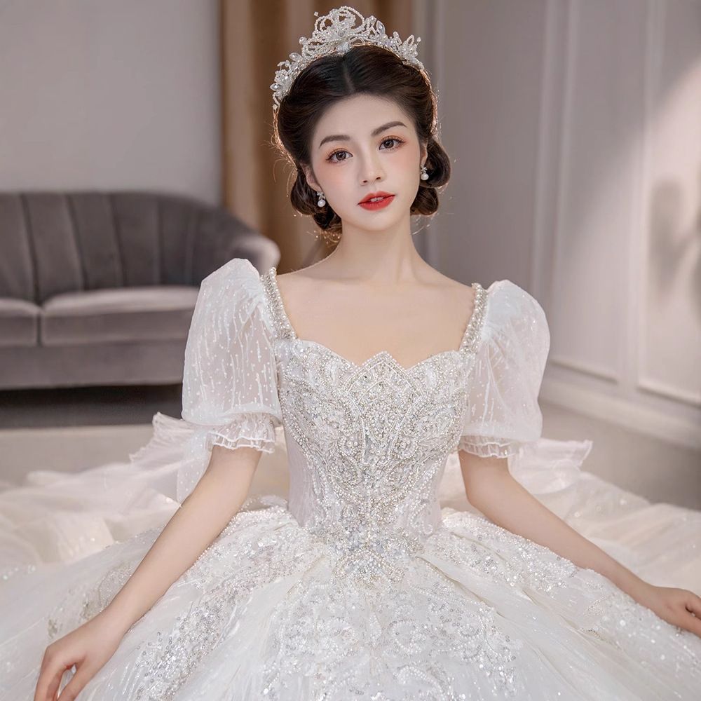 法式 ロングトレーン ウエディングドレス 主婚 小柄向け 大きいサイズ 新娘 超仙 赫本風 森系 古 今週 ZZ 520