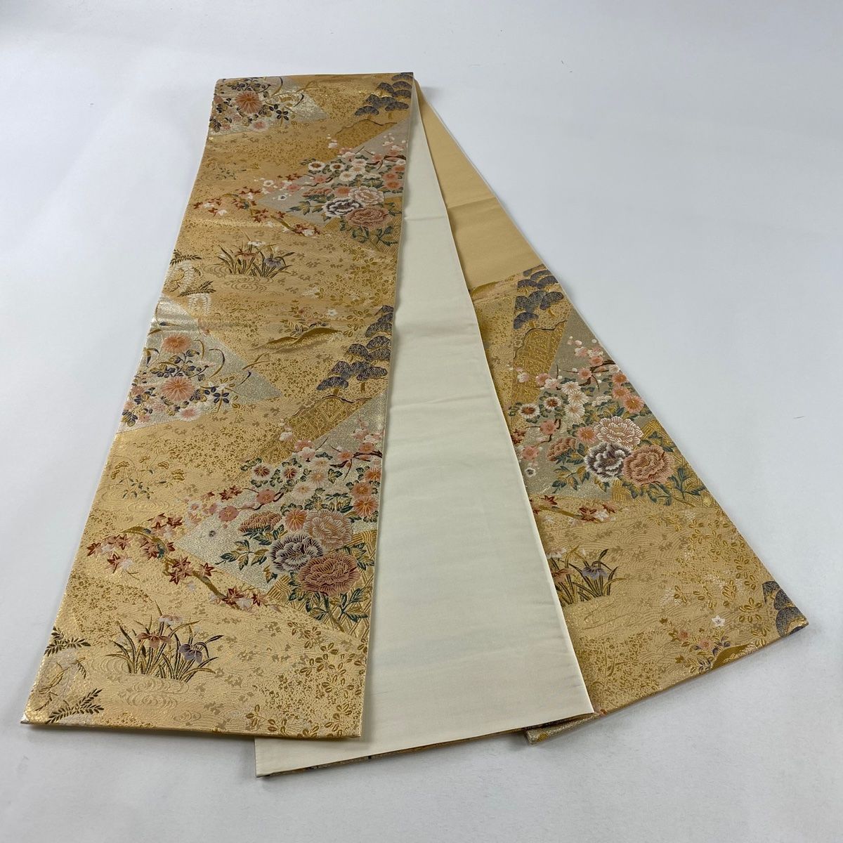 正絹　夏の六通袋帯【花　水流】No2786 袋帯 美品 秀品 草花 流水 箔 ベージュ 六通 正絹 【中古