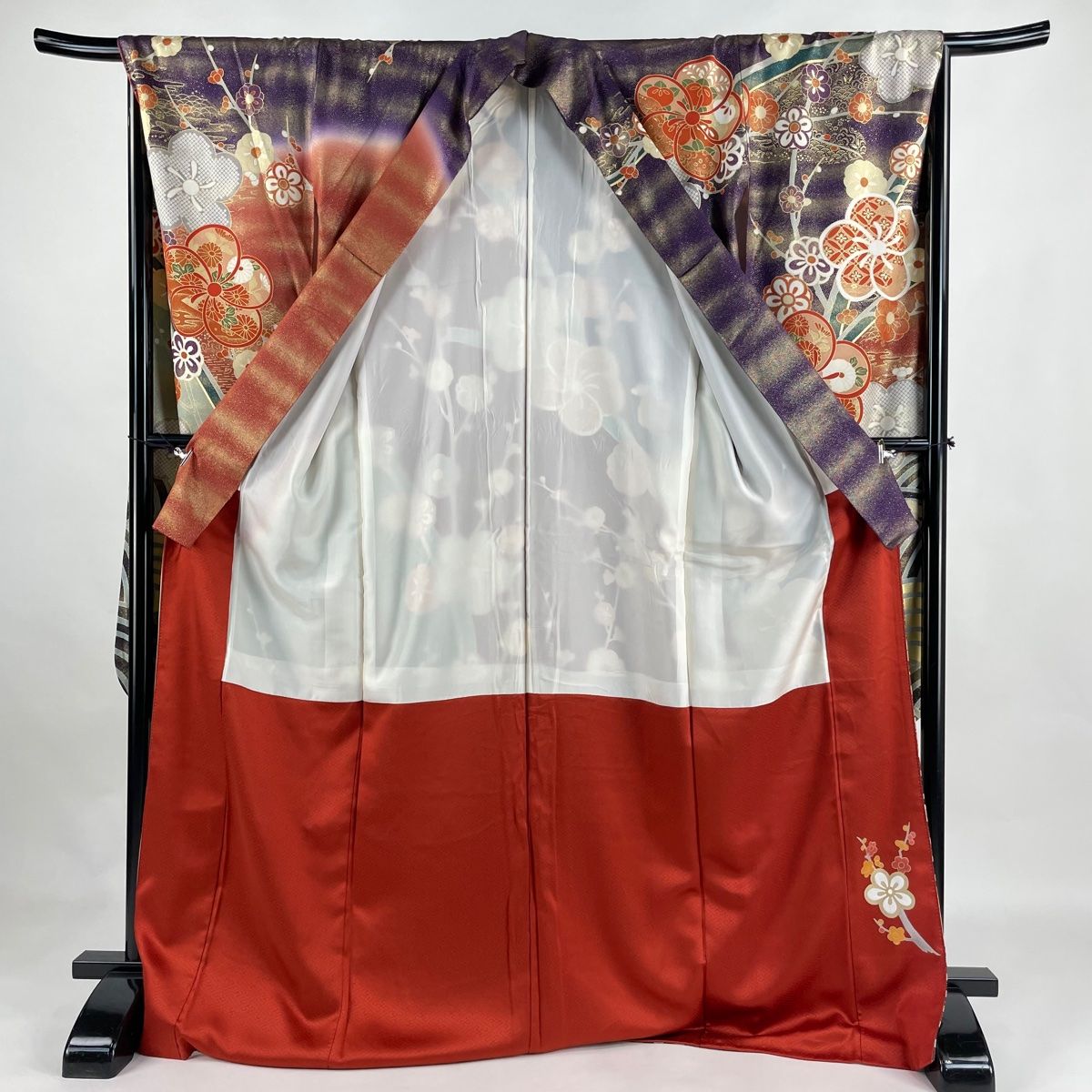 振袖 身丈173cm 裄丈67.5cm L 袷 枝梅 波 金糸 金彩 濃紫 正絹 名品  