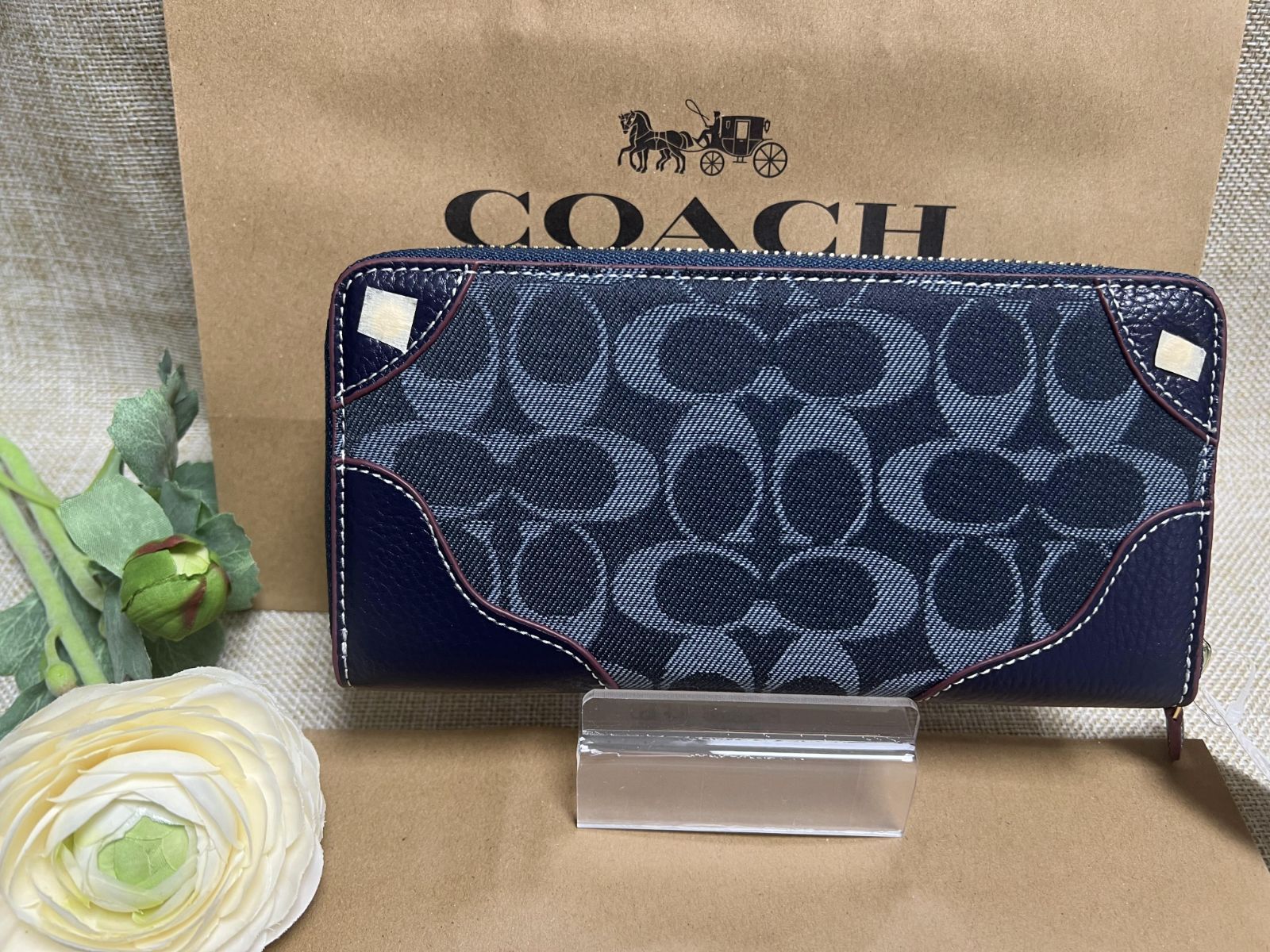 COACH 長財布 コーチ 財布 デニムレザー シグネチャー アコーディオン 