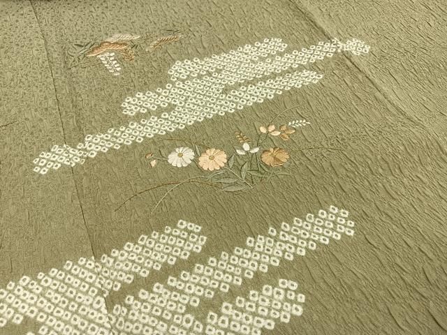 厳選◆古布◆素晴らしい江戸縮緬の祝着◆刺繍◆雀◆振袖◆正絹◆丈148.5 平和屋着物▽豪華振袖 駒刺繍 流水草花文 金彩 やまと謹製 正絹