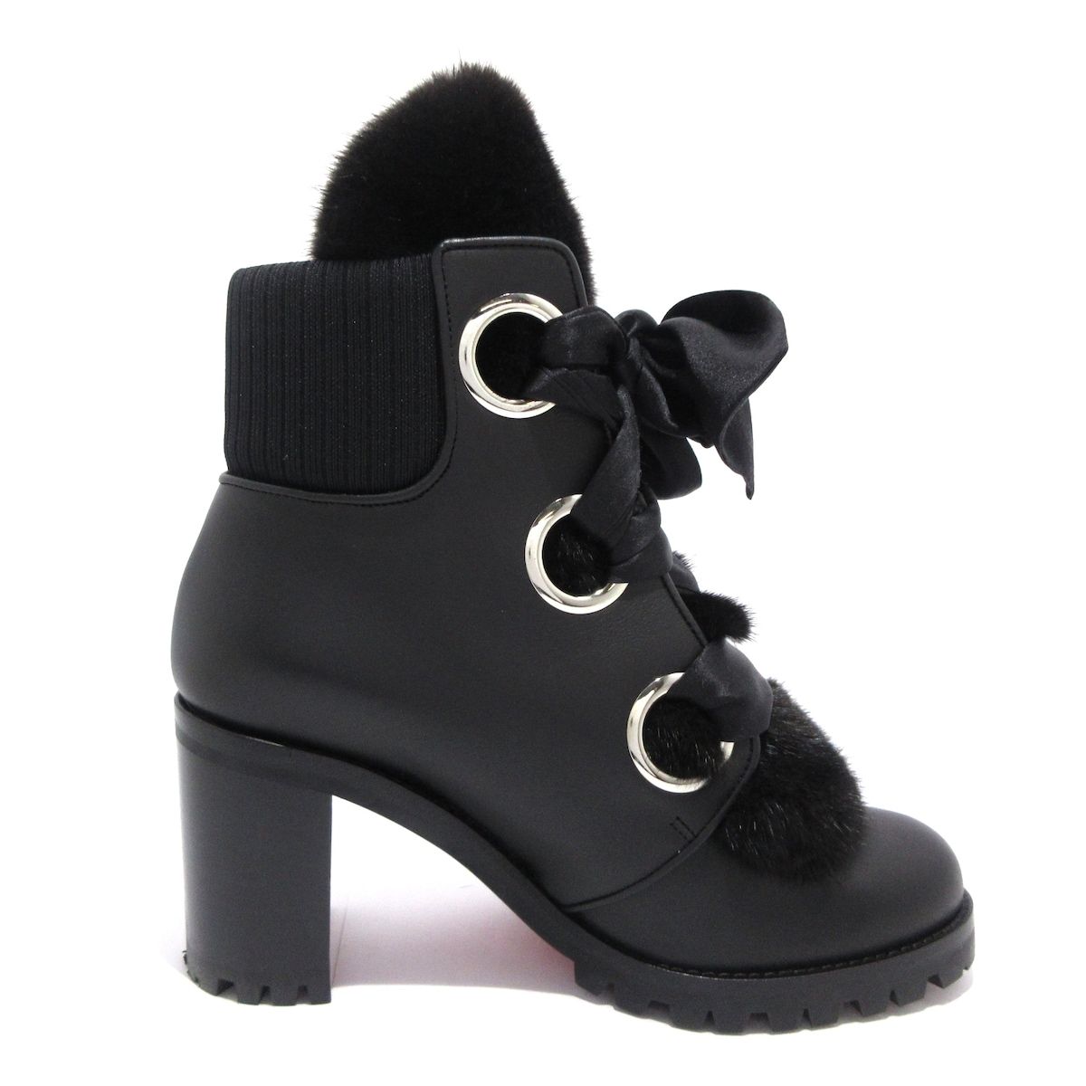 レア CHRISTIAN LOUBOUTIN クリスチャンルブタン ショートブーツ 35 1 2 レディース - 黒 レースアップ レザー ファー