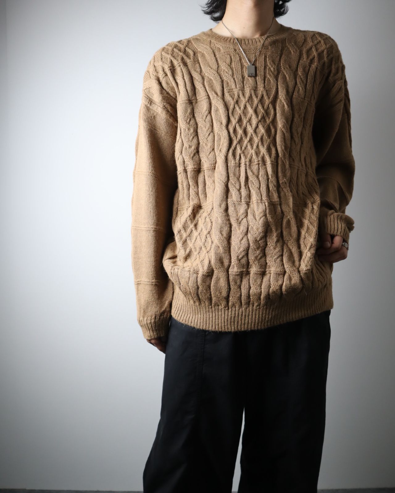 【vintage】ベビーアルパカ 100 ケーブル ニット セーター キャメル