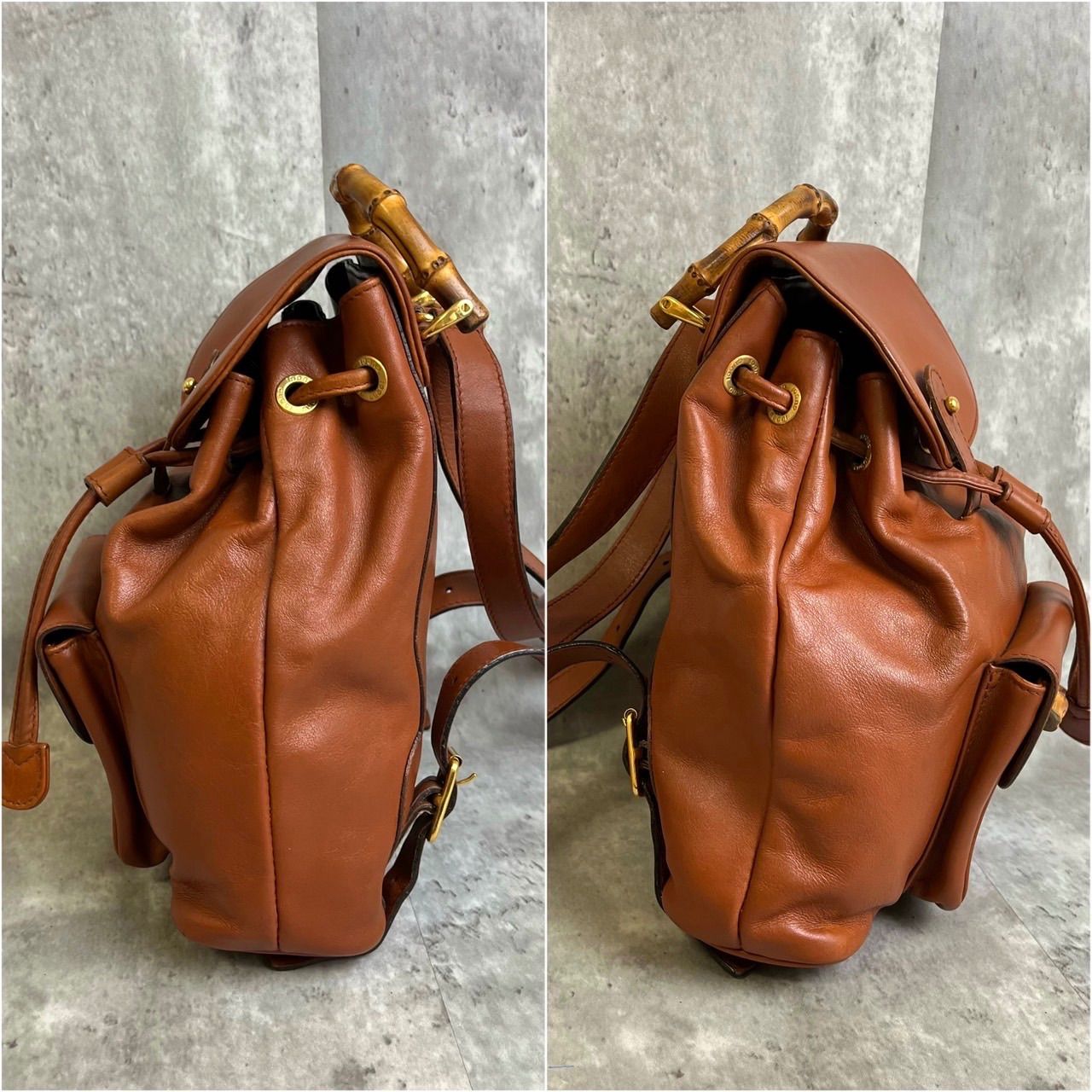 GUCCI リュックバンブーターンロックレザーブラウン巾着型
