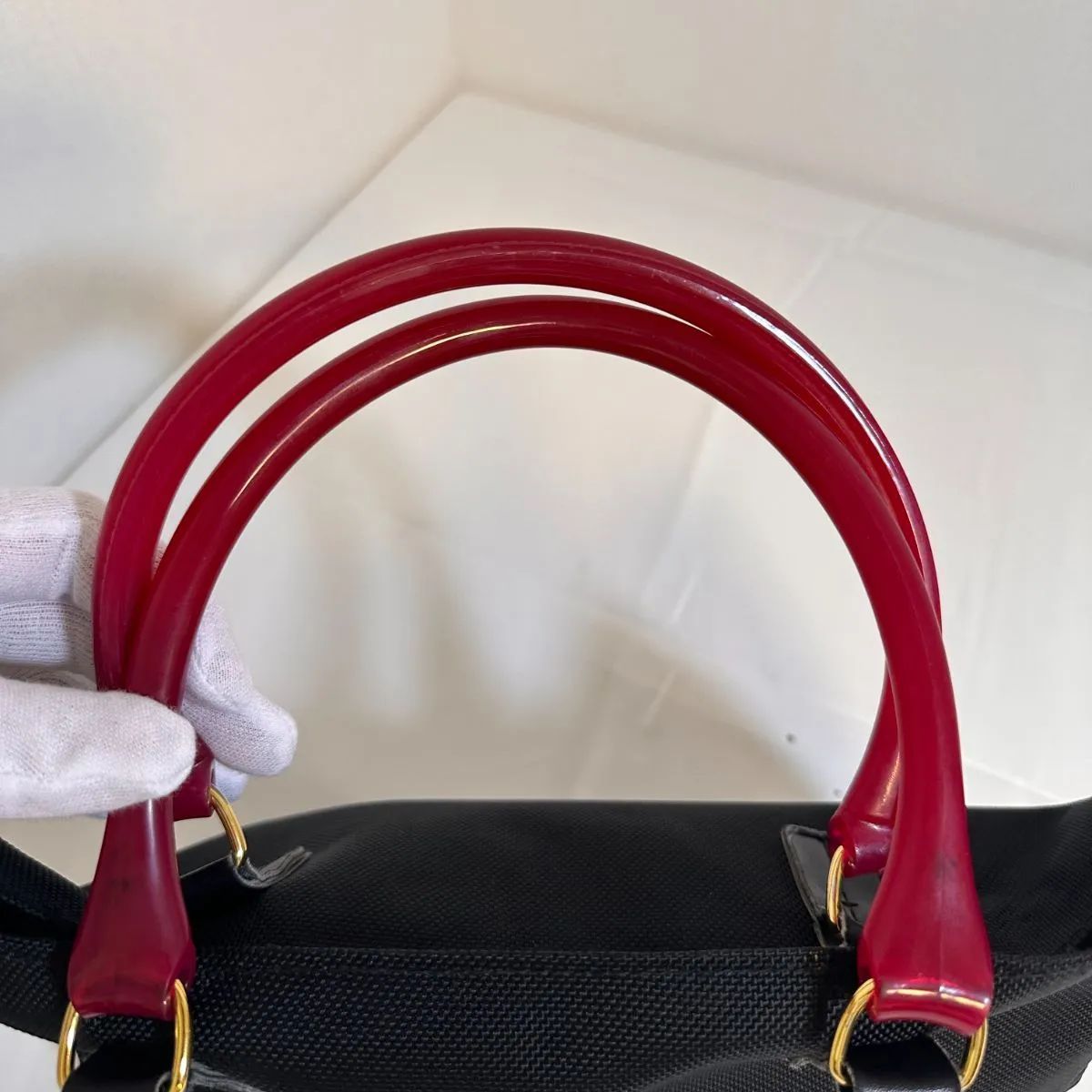 二縁】FURLA ナイロン×レザーハンドバッグ／黒×赤持ち手／USED良品 