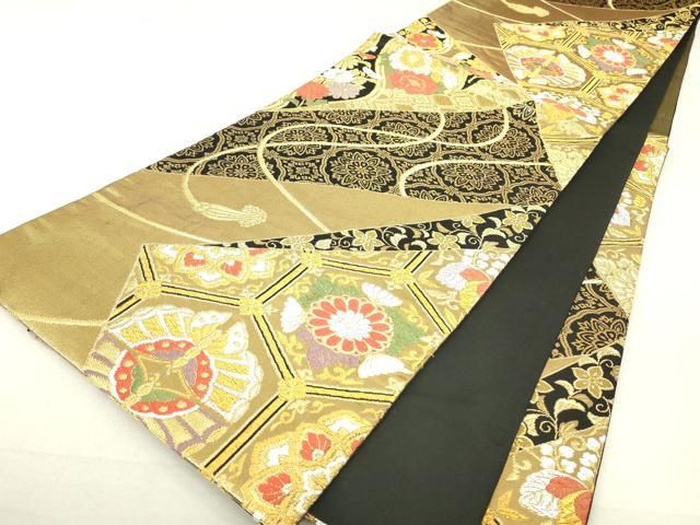 平和屋着物▽六通柄袋帯 唐織 亀甲紐花文 金銀糸 正絹 逸品