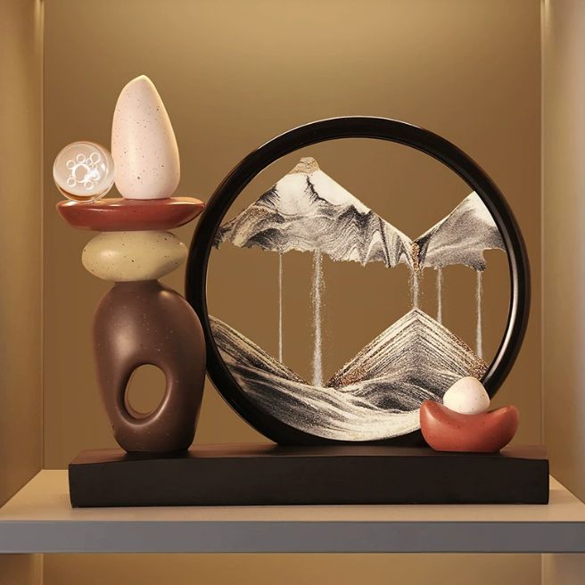 置物 オブジェ 石を積み 木製の土台 隣に円形の砂時計 ホワイト オレンジ USTAUSTRALIA_COM_AU