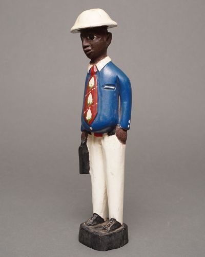 アフリカ　コートジボワール　コロン人形　Mサイズ　No.34　青シャツの男性　木彫り　彫刻　置物　アフリカ雑貨