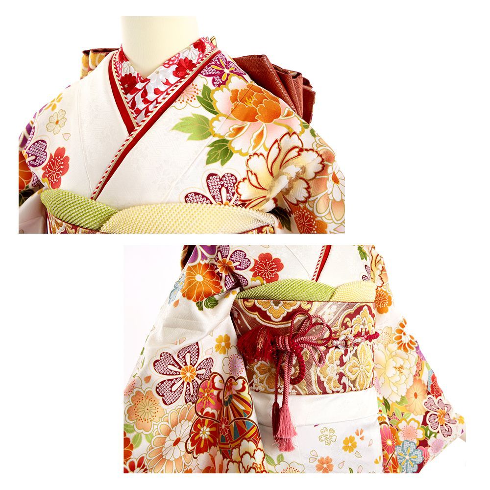 振袖 振袖フルセット 振袖セット USED振袖 中古 白 古典柄 牡丹 菊 7点