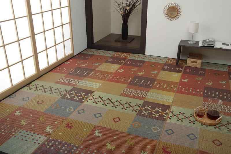 イケヒコ い草 ラグ 花ござ カーペット ラグ ギャッベ柄 抗菌防臭 消臭 セレナ 江戸間6畳 約261×352cm レッド 4338106