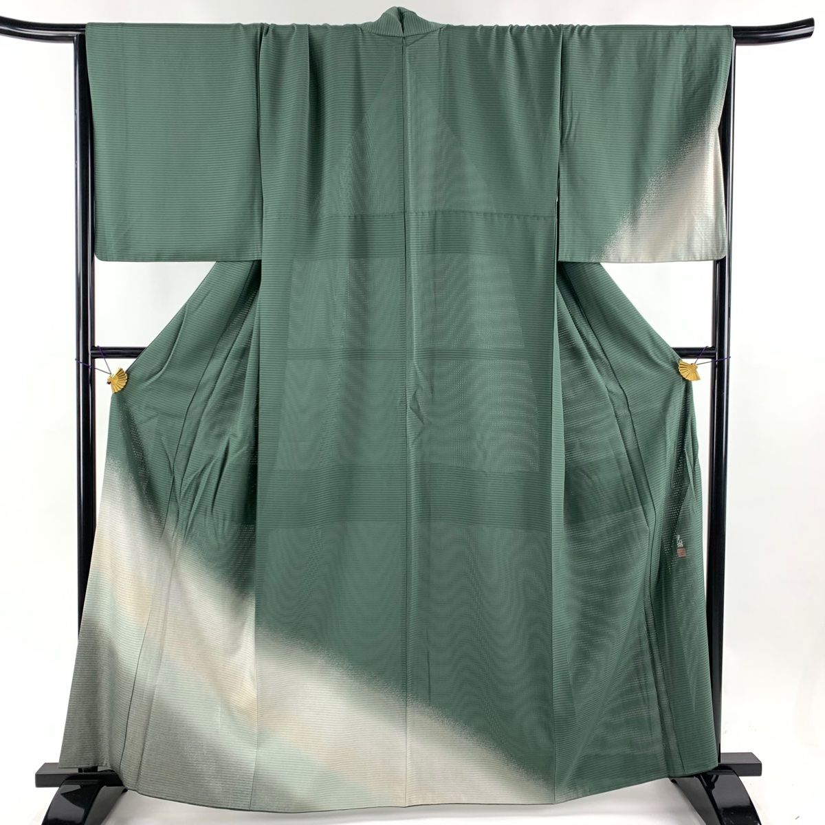 付下げ 身丈160.5cm 裄丈69cm L 絽袷 松尾光琳 落款 斜縞 鮫 金糸 深緑 正絹 秀品