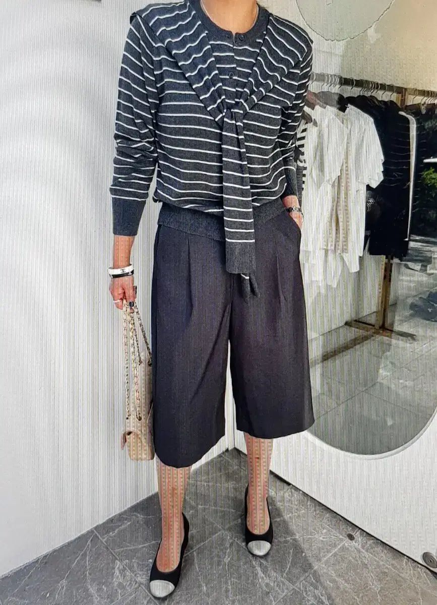 海外発送 ストライプ ニット カーディガン -ショール セット