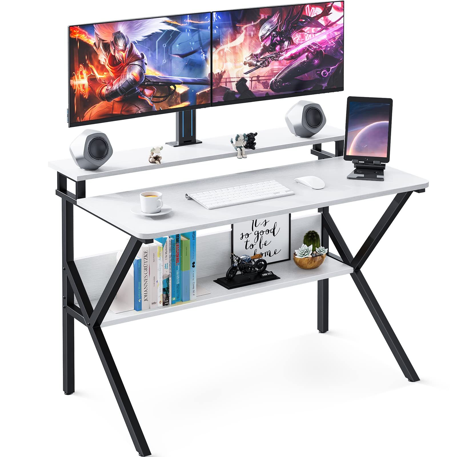 送料無料 KKL パソコンデスク モニター台付き 幅100cm×奥行60cm 机 pcデスク ゲーミングデスク コンパクト おしゃれ 省スペース テレワークデスク 一人暮らし 組立簡単 ラック付きデスク モニターアーム対応 ホワイト