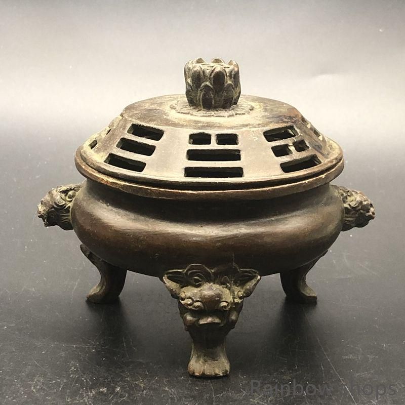 銅器 三足双獅頭香炉 蓮華蓋薫香炉 茶道薫香炉 装飾品 工芸品 置物
