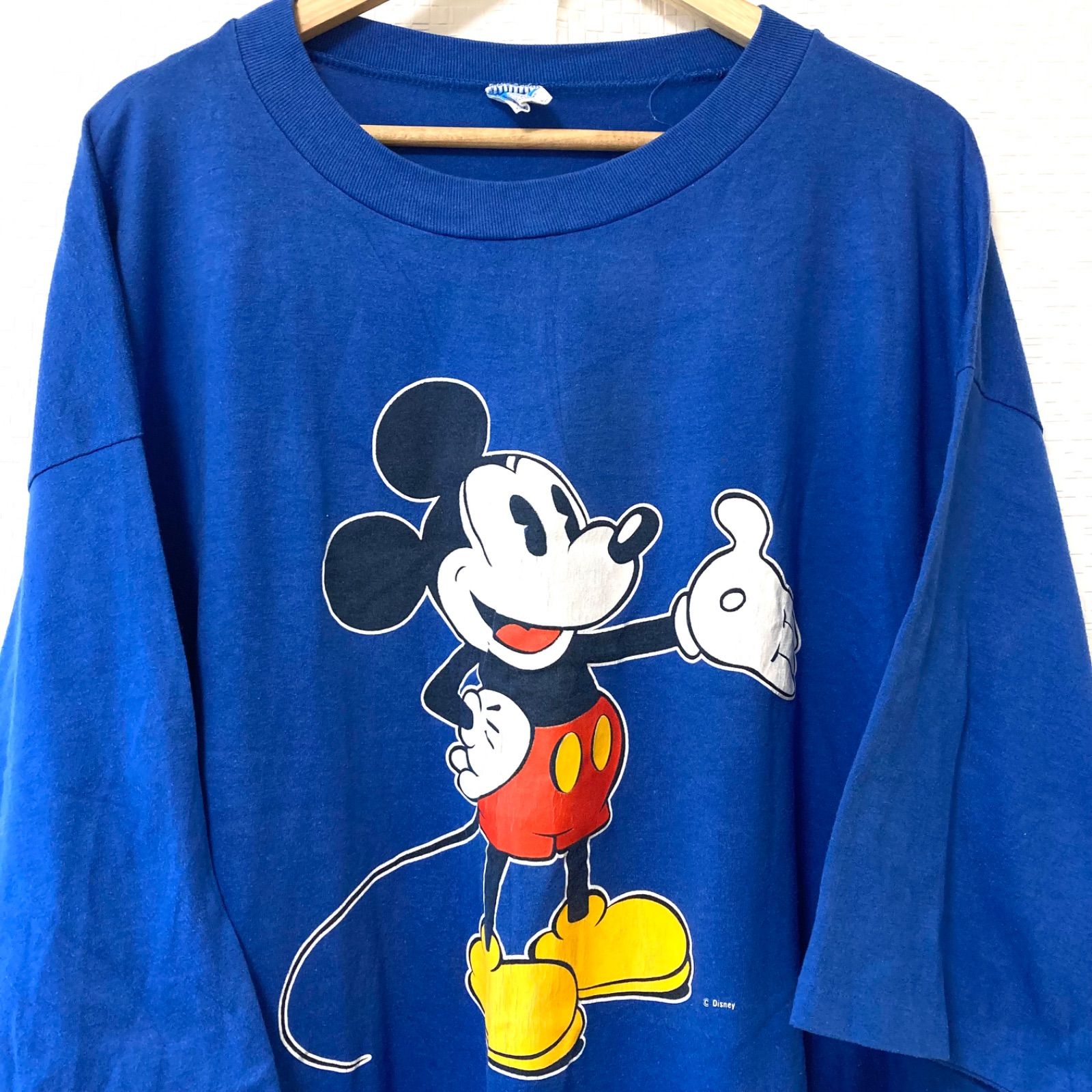 USA製◎ ビンテージ◎ 80s！【Disney】ディズニー Mickey Mouse ミッキーマウス クルーネック 半袖 Tシャツ カットソー プリント TEE ワンピース チュニック ルームウェア ブルー オーバーサイズ one size／M11421UU