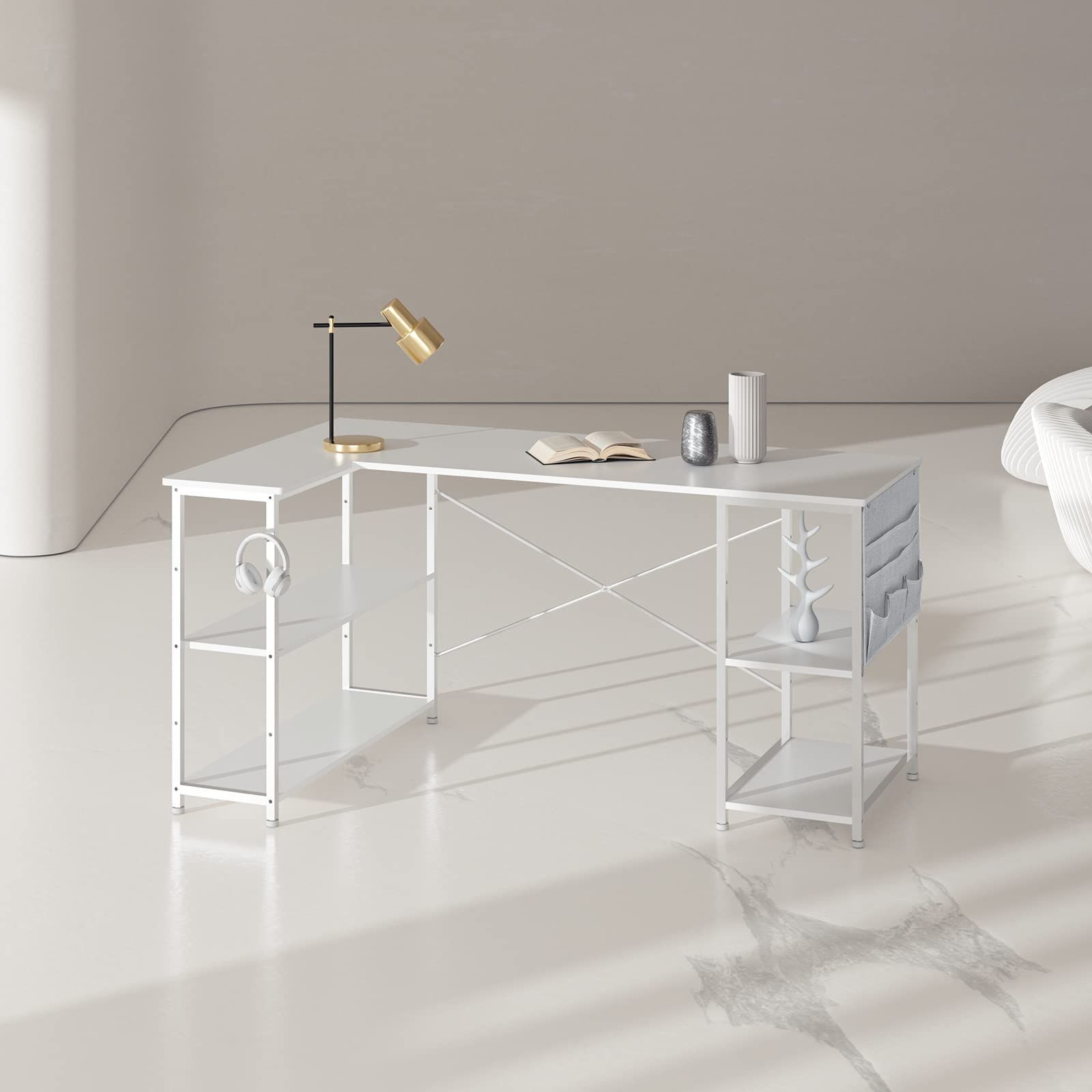 白い l字デスク