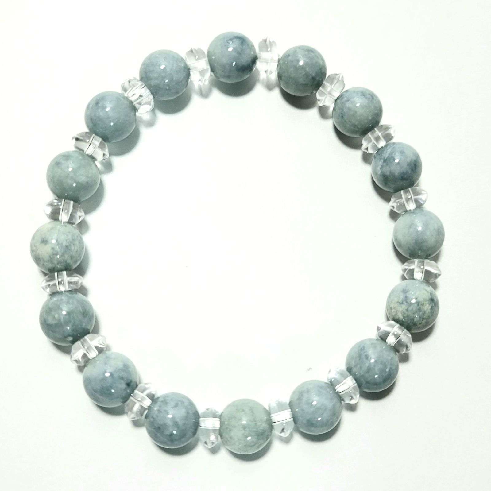 翡翠8玉:水晶:ｻｲｽﾞ14~15cm:糸魚川翡翠ブレスレット BR0002 翡翠8㍉玉