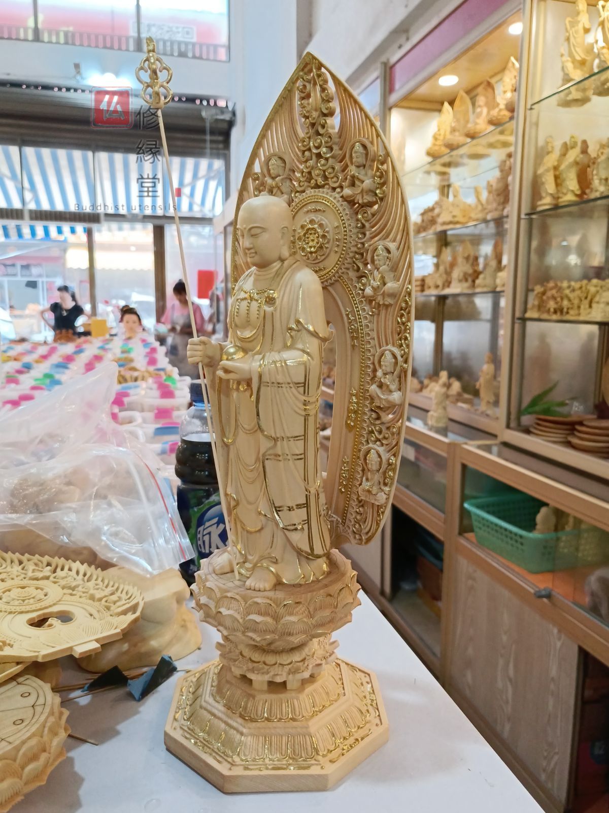 修縁堂】最高級 木彫り 仏像 地蔵王菩薩立像 彫刻 本金 切金 天然木檜 