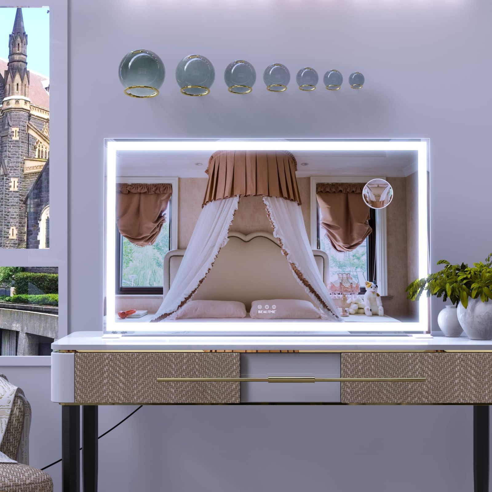 数量 3色照明モード 明るさ調節 付き 大型化粧鏡 10倍拡大鏡付き ハリウッドミラー 卓上 壁掛け両用 ホワイト 化粧鏡 女優ミラー 101.6 61.8cm BEAUTME