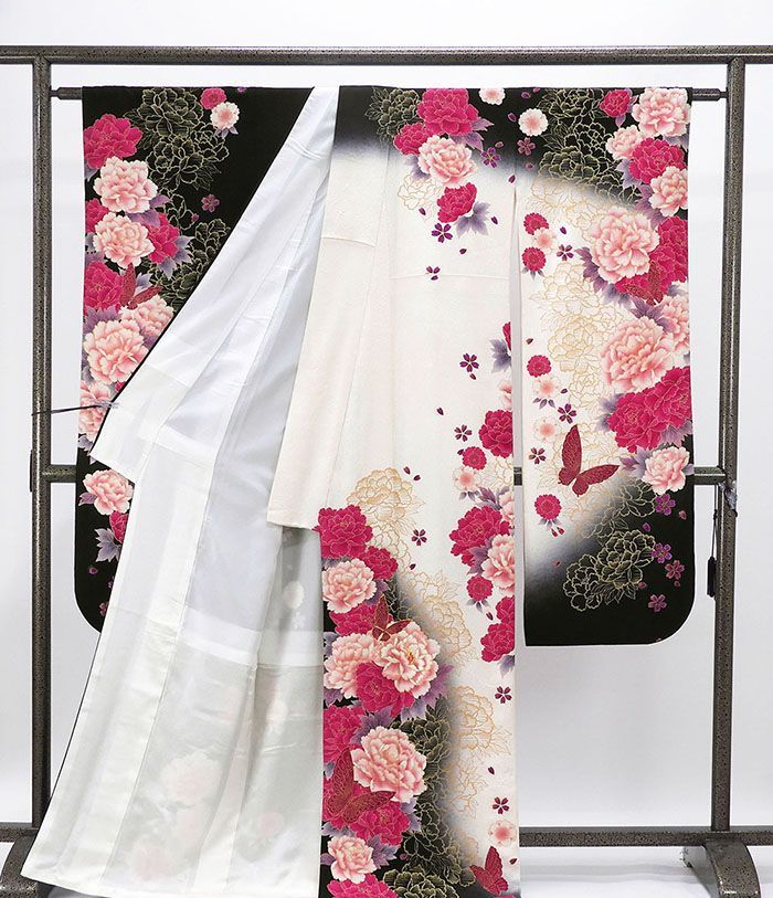 振袖 牡丹 蝶々文様 暈し 地模様 桜文 正絹 トールサイズ 裄67 N712 振袖 牡丹 蝶々文様 暈し 地模様 桜文 正絹 トールサイズ 裄67 N712