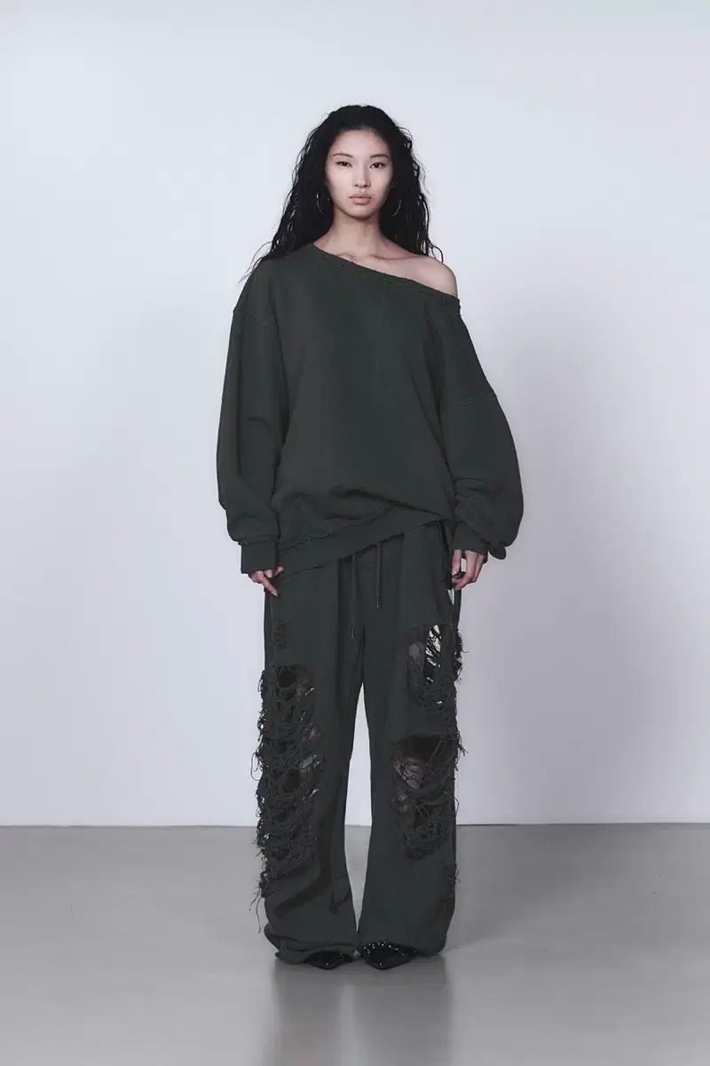 TREEMINGBIRD スクラッチ ダメージ ワイド スウェット パンツ チャコール