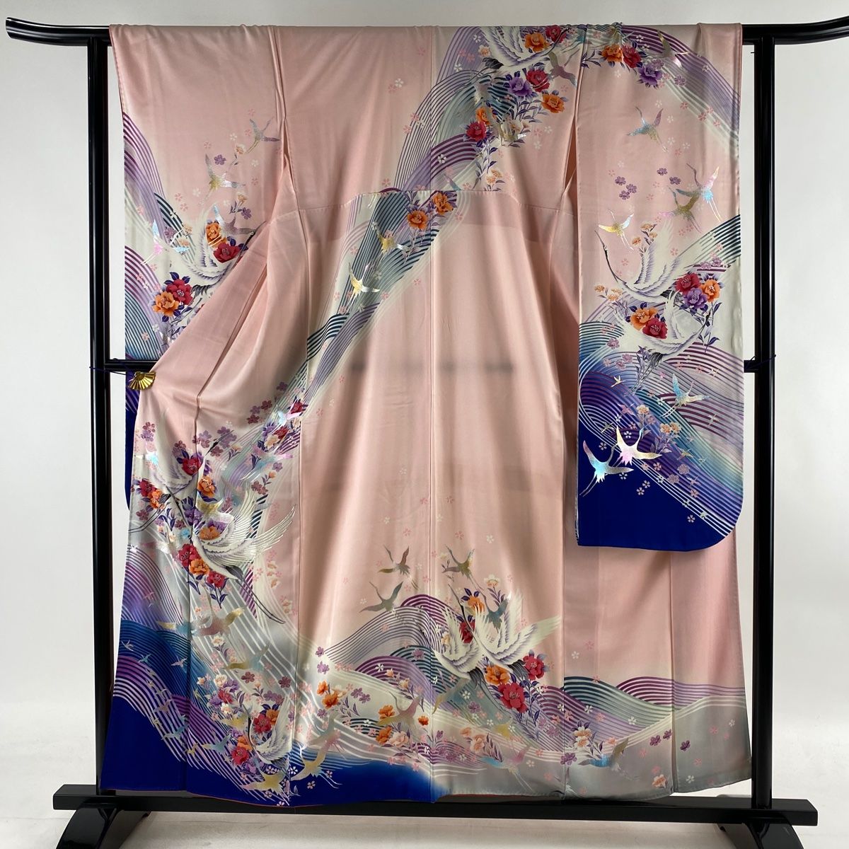 振袖 秀品 鶴 草花 銀糸 金銀彩 薄ピンク 袷 身丈160cm 裄丈62.5cm S