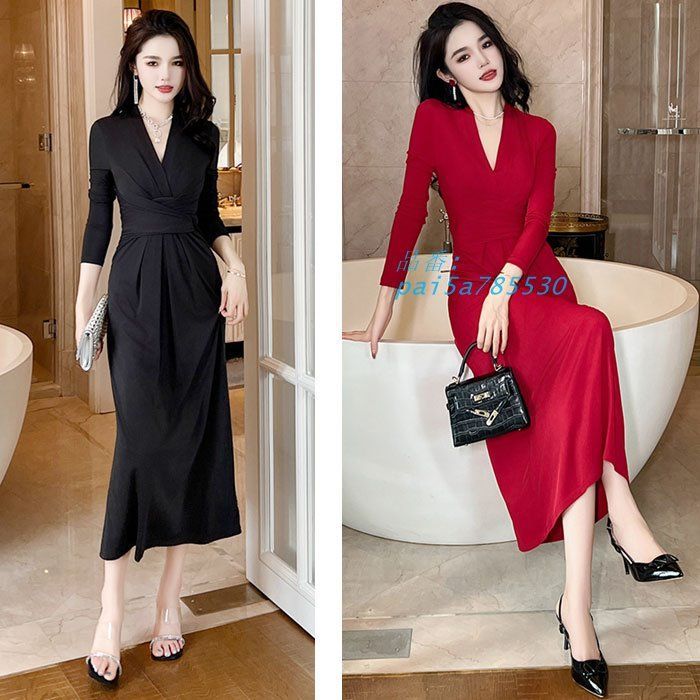 長袖ロングタイトニットワンピース