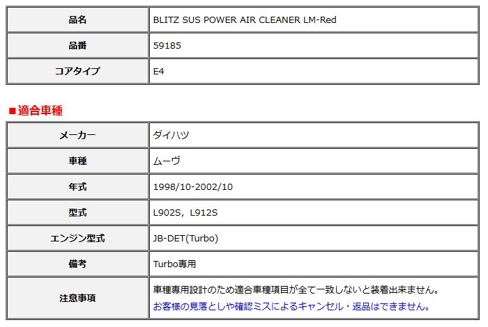 BLITZ ブリッツ コアタイプ サスパワー エアクリーナー LM-Red ムーヴ L902S L912S 1998 10-2002 10 59185