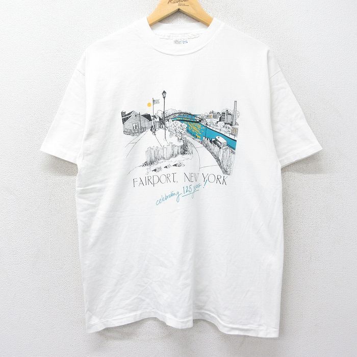 L/古着 ヘインズ 半袖 ビンテージ Tシャツ メンズ 90s フェアポート ニューヨーク コットン クルーネック 白 ホワイト 24aug09 中古
