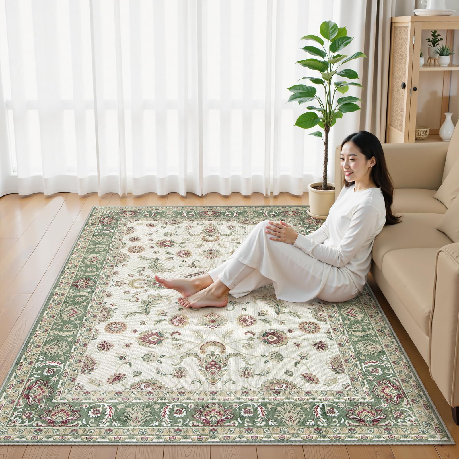 HAOCOO カーペット 夏用 200х250cm 3畳 滑り止め ペルシャ風 ラグ 洗える オールシーズン適用 花柄 防音 耐磨耗性 軽量 抗菌防臭 リビング ダイニング アンティーク ラグマット グリーン