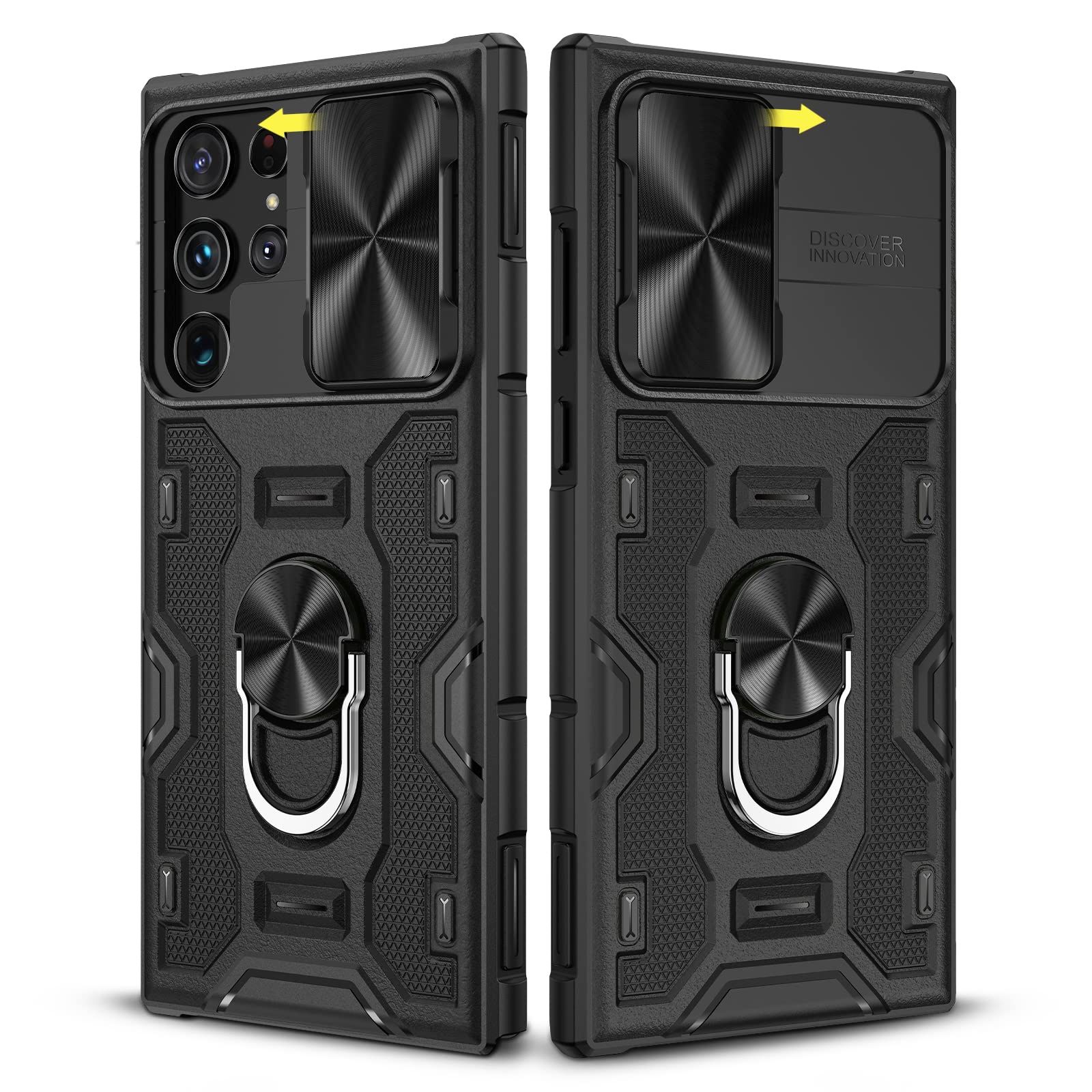 Caka for S22 Ultraケース、Galaxy S22 Ultraケース、スライドカメラカバーu0026スタンド付き360回転リングスタンド付き磁気保護ケース Samsung Galaxy S22 Ultra 5G用 - ブラック [ブラック]