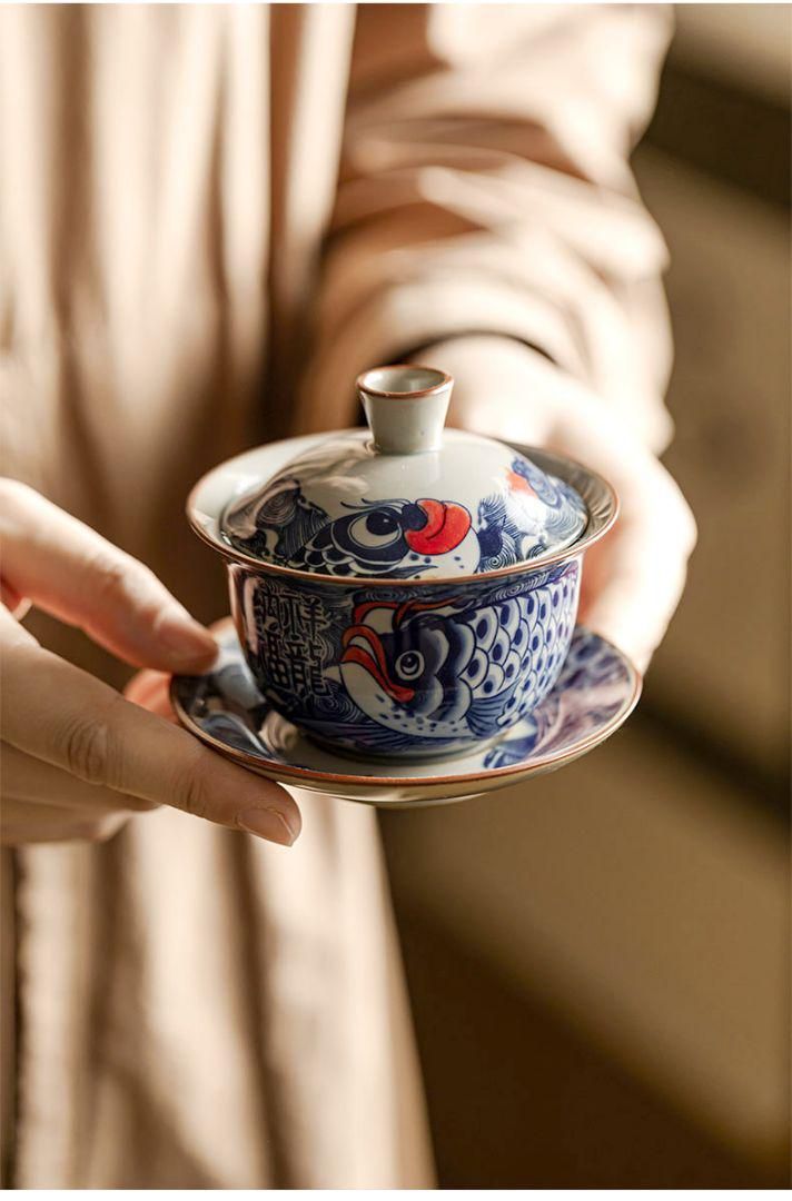 景徳鎮 青花納福竜魚三才蓋碗 茶碗 煎茶器 中国茶器 新品未使用