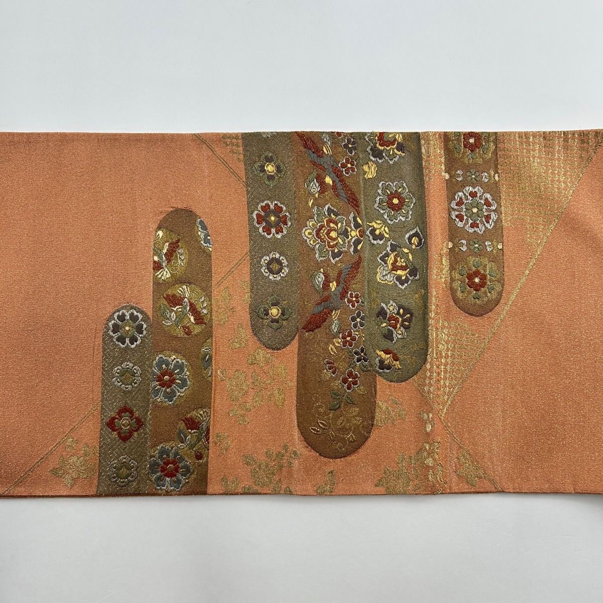 ファッションの 袋帯 秀品 華文 花鳥 金通し 箔 サーモンピンク お太鼓柄 正絹 着物・浴衣