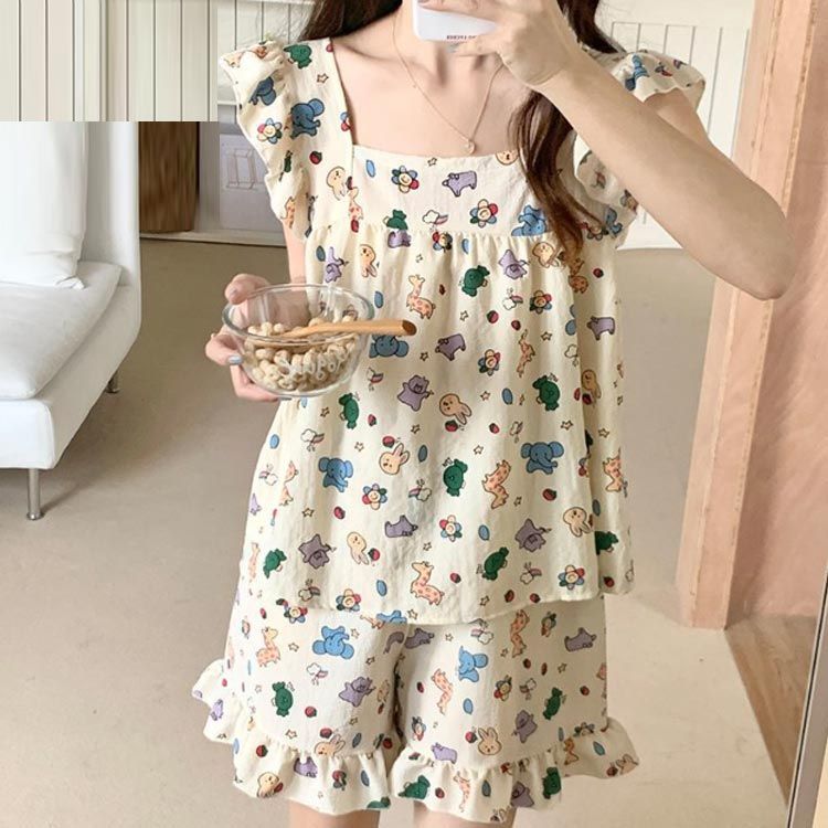 セットアップ フリル ショートパンツ パジャマ ノースリーブ