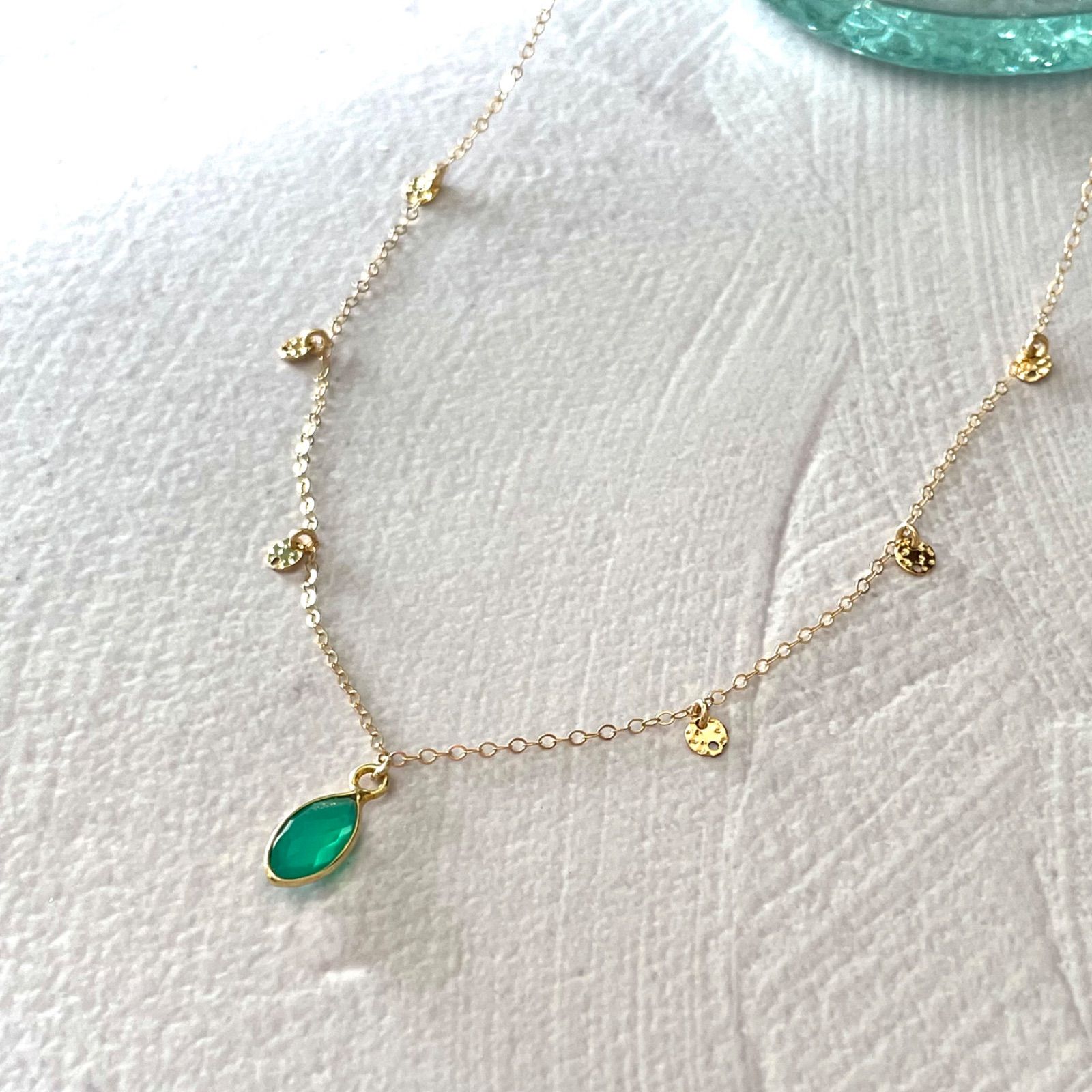 14kgf製/グリーンオニキスボヘミアンネックレス