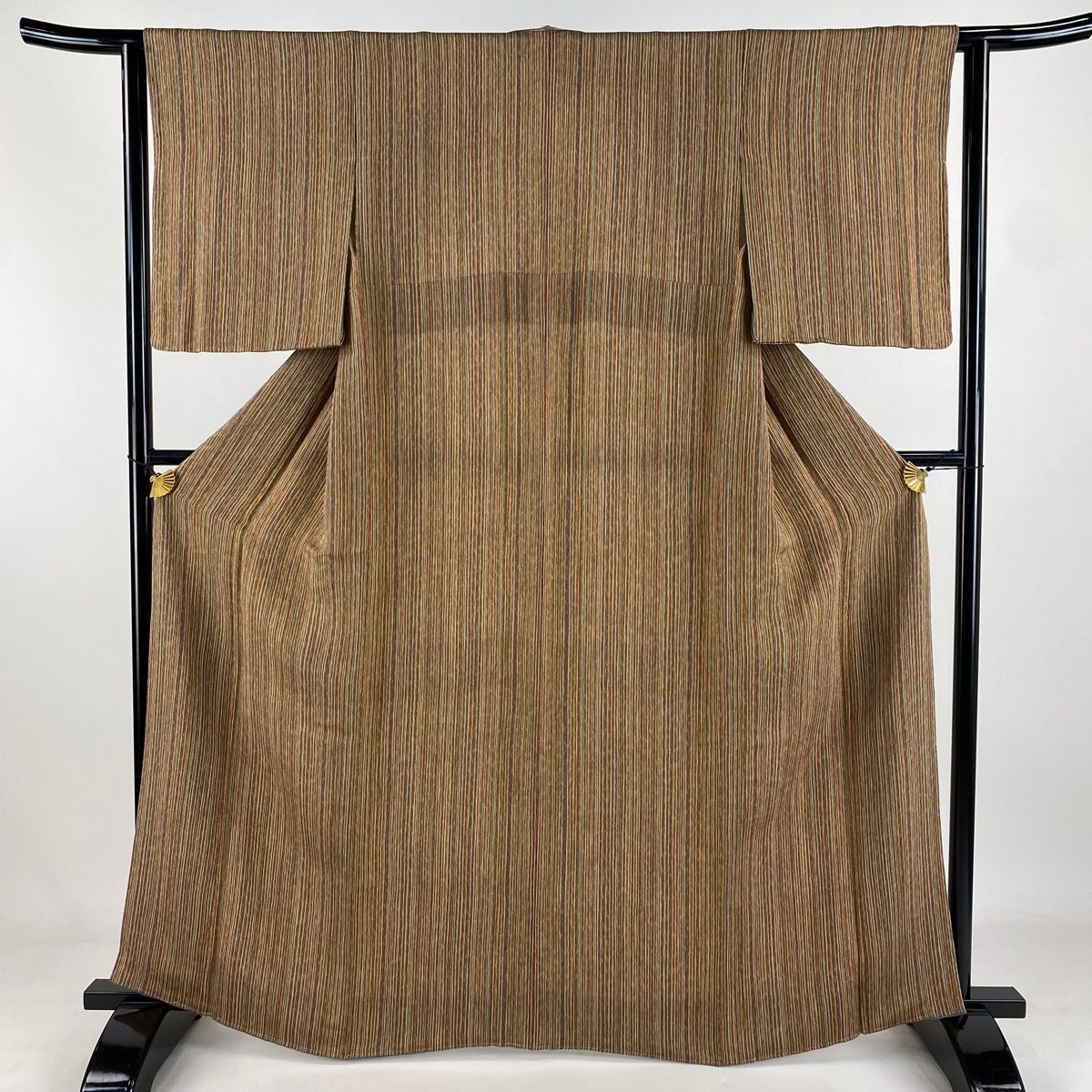 小紋 身丈163.5cm 裄丈62.5cm S 袷 縞 縮緬 茶色 正絹 秀品