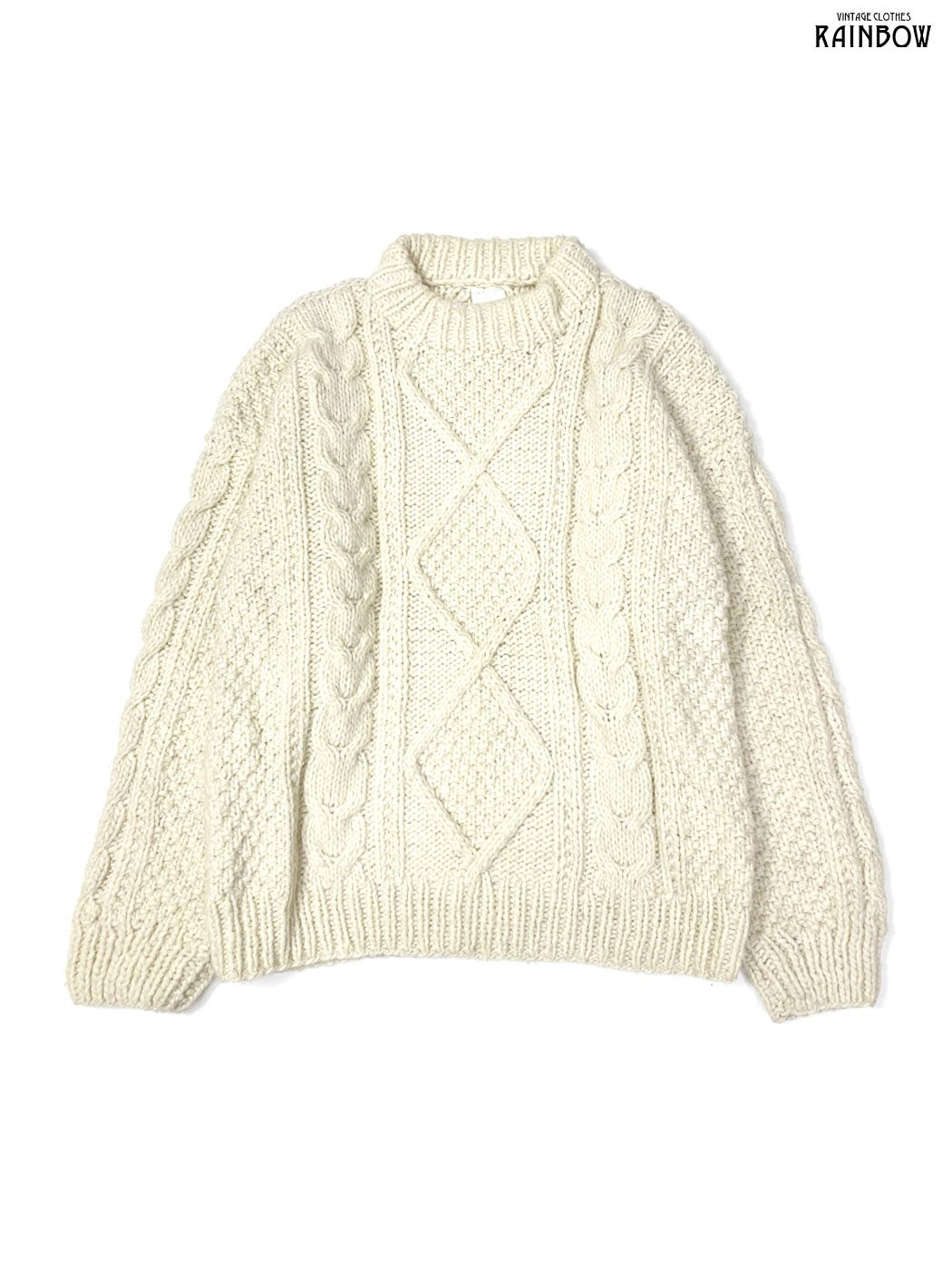 古着 INKA S WORLD アラン ハイネック 無地 ウール100％ 長袖 ニット セーター 生成り 白 ベージュ ttu2509039