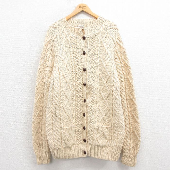 古着 長袖 アラン フィッシャーマン ケーブル ニット カーディガン レディース 手編み ロング丈 ウール 生成り spe 25oct22 トップス