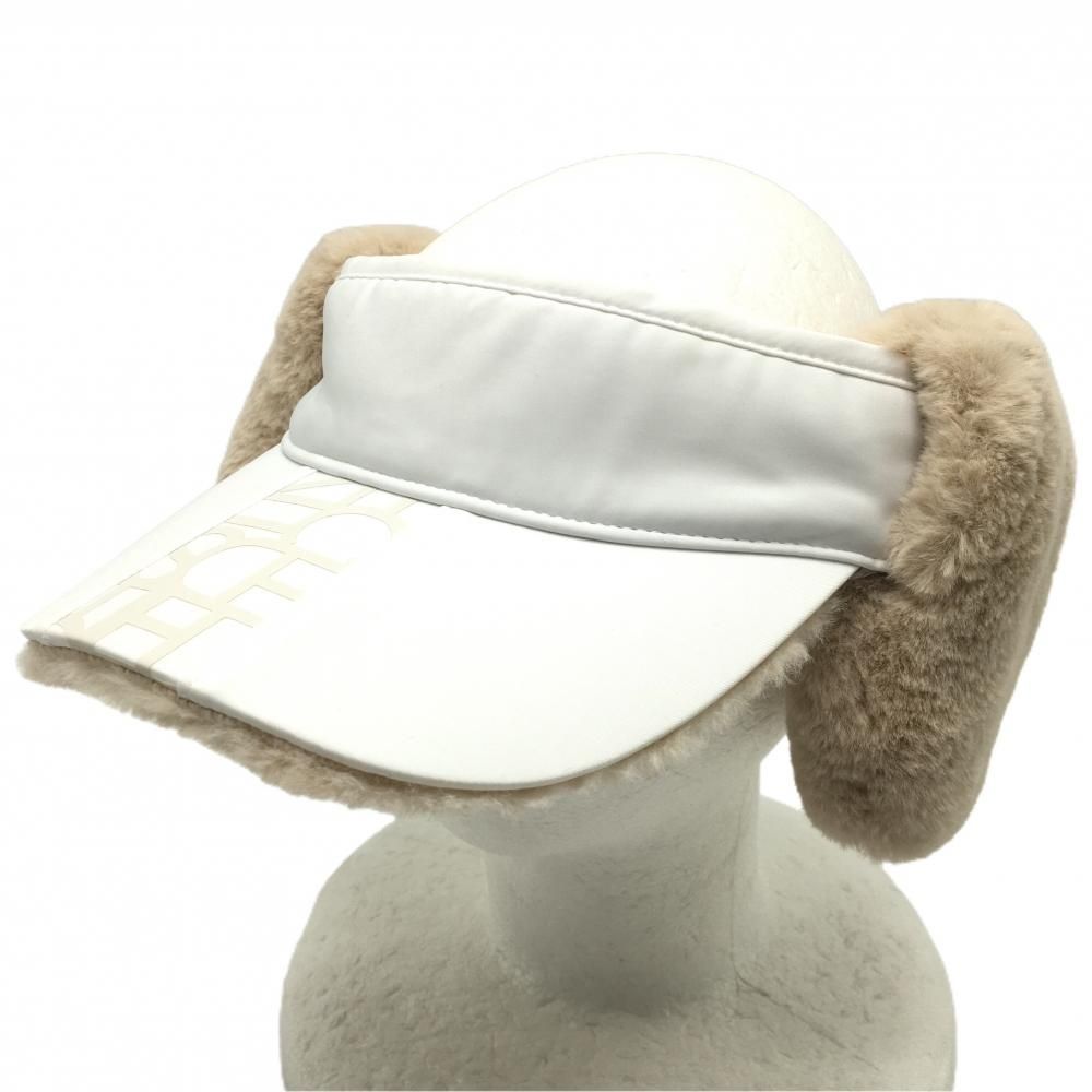 【超美品】デサントゴルフ 耳当て付きサンバイザー 白×ベージュ つば裏ファー 耳当て着脱可 中田英寿 F(55-57cm) ゴルフウェア DESCENTE