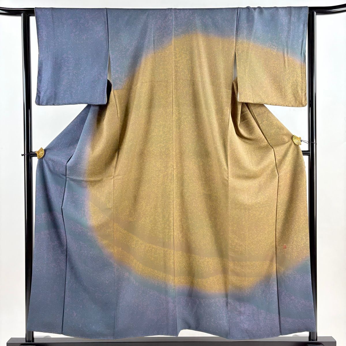 訪問着 身丈156.5cm 裄丈63cm S 袷 落款 波 幾何学模様 染め分け ぼかし 山吹茶色 正絹 名品
