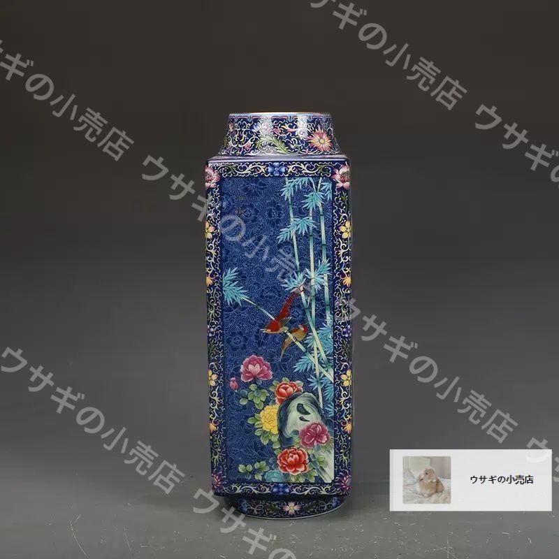 新品・未使用】磁器藍地琺瑯彩花鳥紋四方瓶 景徳鎮 陶磁器 装飾